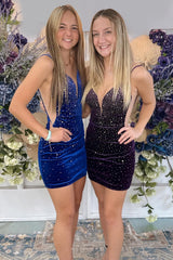 Royal Blue Homecoming Dresses Spaghetti Straps Velvet Tight Short Cocktail Dresses