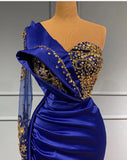 Royal Blue Long One Shoulder Mermaid Prom Dresses with Sleeves