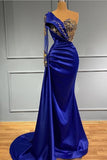 Royal Blue Long One Shoulder Mermaid Prom Dresses with Sleeves