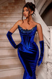 Royal Blue Long Velvet Beading Sleeveless Mermaid Prom Dress