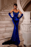 Royal Blue Long Velvet Beading Sleeveless Mermaid Prom Dress