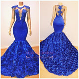 Royal Blue Mermaid Prom Dresses | Sexy Flowers Sleeveless Sheer Evening Dress BC1059