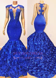 Royal Blue Mermaid Prom Dresses | Sexy Flowers Sleeveless Sheer Evening Dress BC1059