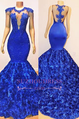 Royal Blue Mermaid Prom Dresses | Sexy Flowers Sleeveless Sheer Evening Dress BC1059