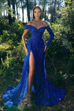 Royal Blue Off-the-Shoulder Long Sleeve Prom Dress Mermaid Sequins Evening Gown