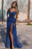 Royal Blue Off-the-shoulder V-neck Evening Dresses Long Glitter
