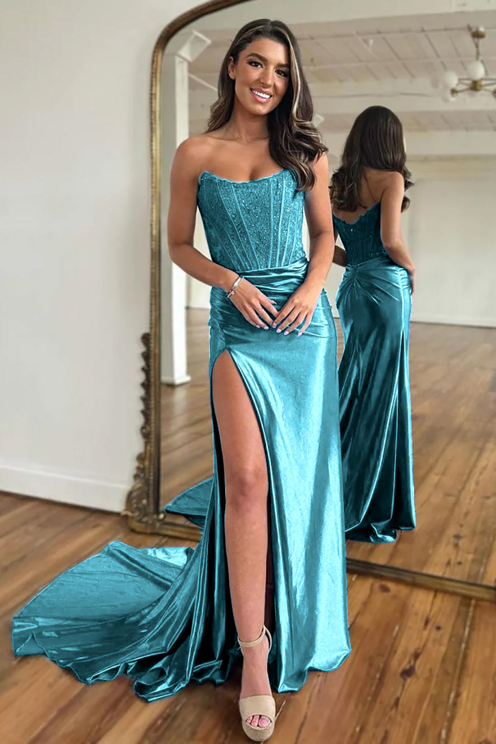 Royal Blue Prom Dress Lace Mermaid Corset Long Formal Dress With Slit