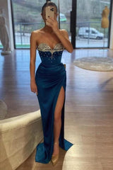 Royal Blue Prom Dress Mermaid Sweetheart Beaded Sleeveless Satin Slit Formal Dress