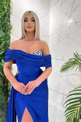 Royal Blue Prom Dress Off the Shoulder Sleeveless Evening Formal Dress Mermaid Split With Ruffled