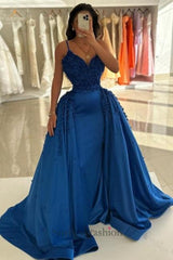 Royal Blue Prom Dress Spaghetti Strap A Line Satin Formal Dress with Panel Train