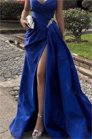 Royal Blue Prom Dress Strapless Sleeveless Deep V Neck Split Evening Formal Dress With Pleated
