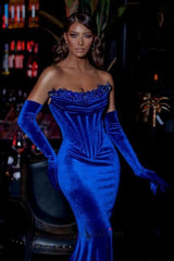 Royal Blue Prom Dress Strapless Velvet Beading Mermaid Formal Dress