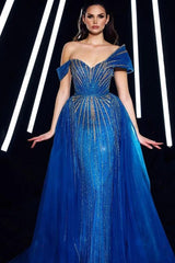 Royal Blue Prom Dress Tulle Off the Shoulder Sleeveless Long Evening Formal Dress With Sequined