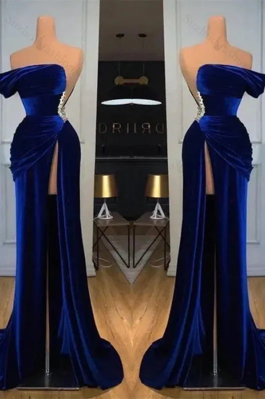 Royal Blue Prom Dress Velvet Strapless Mermaid Evening Formal Dress With Beadings