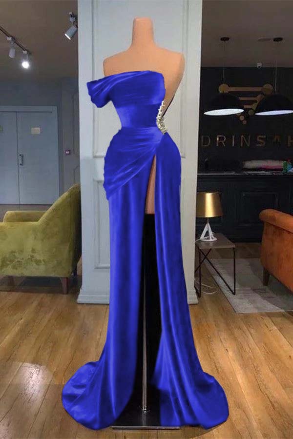 Royal Blue Prom Dress Velvet Strapless Mermaid Evening Formal Dress With Beadings