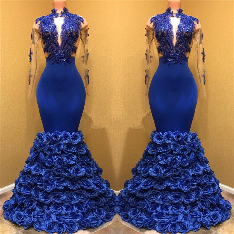 Royal Blue Rose Bottom Prom Dress | Long Sleeve Lace Mermaid Prom Gown BA7969