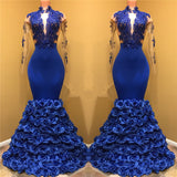 Royal Blue Rose Bottom Prom Dress | Long Sleeve Lace Mermaid Prom Gown BA7969