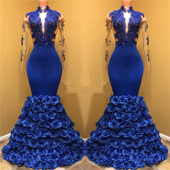 Royal Blue Rose Bottom Prom Dress | Long Sleeve Lace Mermaid Prom Gown BA7969