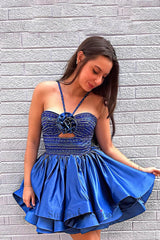 Royal Blue Ruffled Homecoming Dresses Halter Beaded Short Cocktail Dresses With 3D Flower