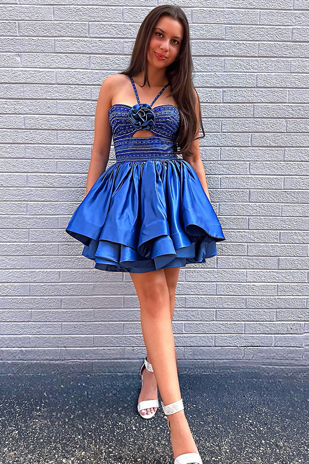 Royal Blue Ruffled Homecoming Dresses Halter Beaded Short Cocktail Dresses With 3D Flower