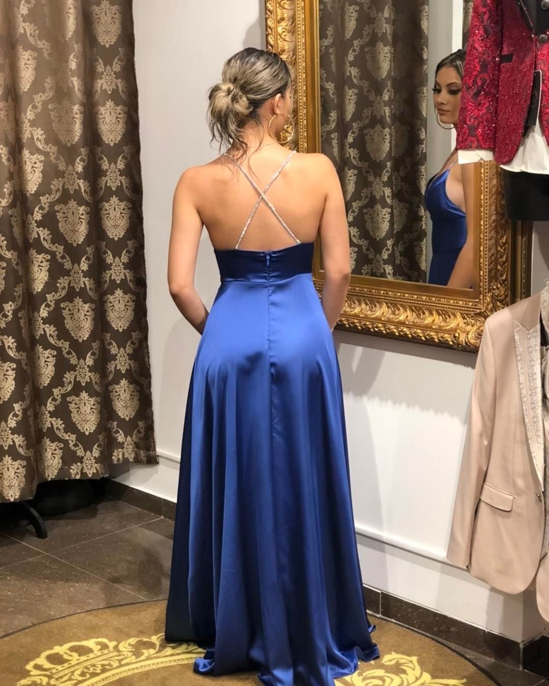 Royal Blue Spaghetti Straps Prom Dress with Front Split