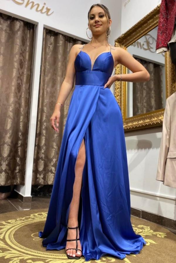 Royal Blue Spaghetti Straps Prom Dress with Front Split
