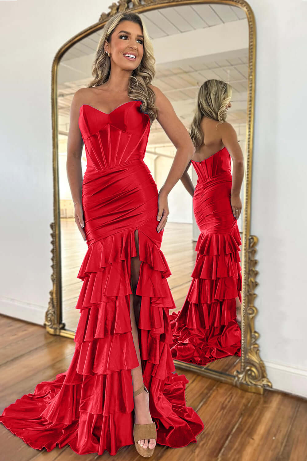 Mermaid Sage Prom Dress Sweetheart Corset Ruffled Long Formal Dress With Slit