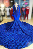 Royal Blue V-Neck Long Sleeve Mermaid Prom Dress Sequins Flowers Bottom