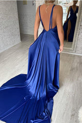 Royal Blue V-Neck Sleeveless Evening Prom Dresses Mermaid Slit
