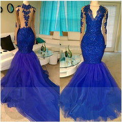 Royal-Blue V-neck Long-Sleeve Mermaid Sequins Appliques Beading Tulle Prom Dresses