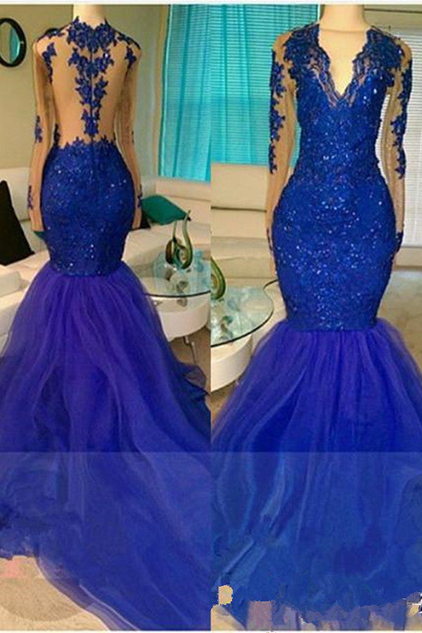 Royal-Blue V-neck Long-Sleeve Mermaid Sequins Appliques Beading Tulle Prom Dresses