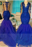 Royal-Blue V-neck Long-Sleeve Mermaid Sequins Appliques Beading Tulle Prom Dresses