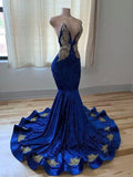 Royal Blue V-neck Spaghetti Straps Beading Sleeveless Floor-length Mermaid Prom Dresses