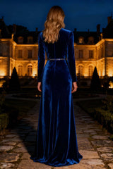 Royal Blue Velvet Long Mermaid Holiday Party Dress With Beading