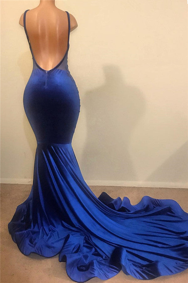 Royal Blue Velvet Prom Dresses with Beads Appliques | Mermaid Backless Straps Sexy Evening Gowns BC1261