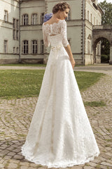 Royal Full Lace Bridal Gowns Half Sleeve A-line Wedding Dress with Crystal Sash VK036