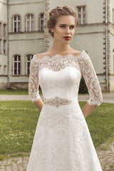 Royal Full Lace Bridal Gowns Half Sleeve A-line Wedding Dress with Crystal Sash VK036