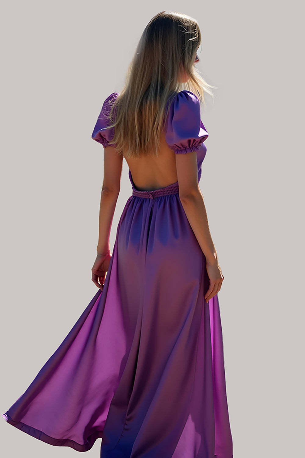 Ruched Long Backless Purple Wedding Guest Dress Formal Dress With Puff Sleeves
