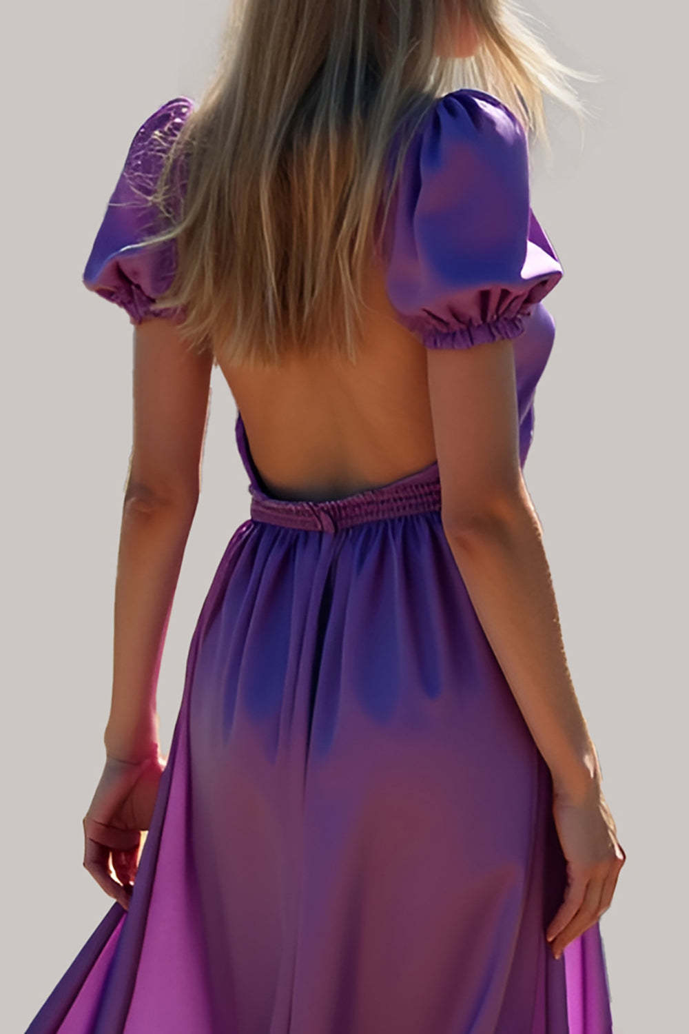 Suzhoufashion Ruched Long Backless Purple Wedding Guest Dress Formal Dress With Puff Sleeves suzhoufashion Suzhoufashion Ruched Long Backless Purple Wedding Guest Dress Formal Dress With Puff Sleeves suzhoufashion