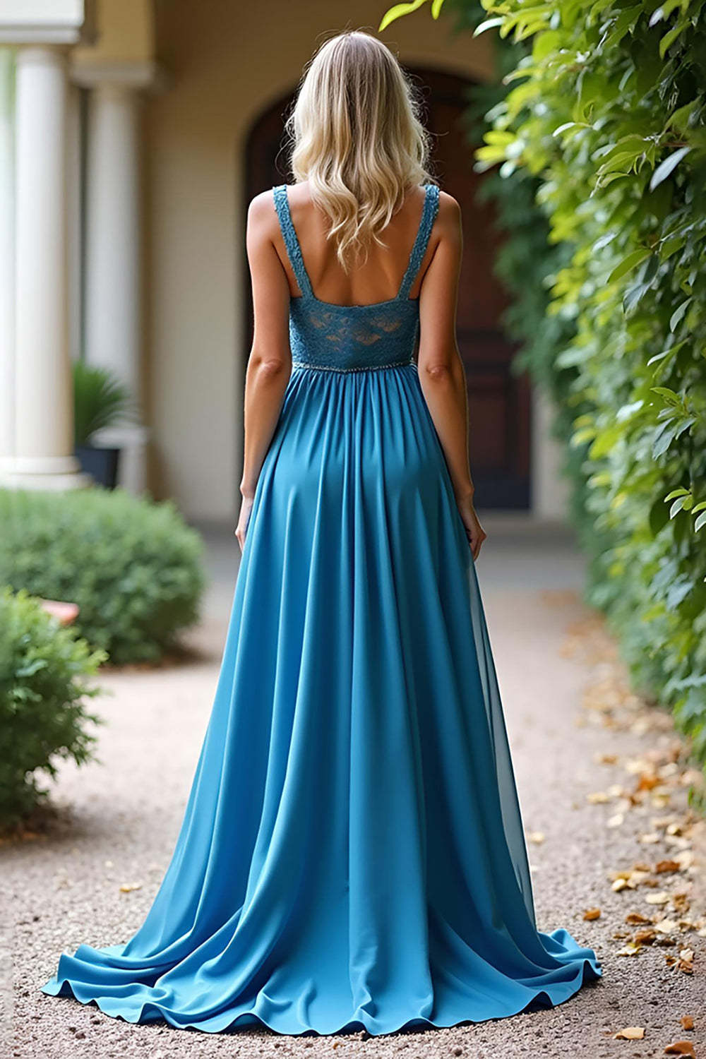 Suzhoufashion Ruched Long Dusty Blue Wedding Guest Dress A Line Formal Dress  With Lace – suzhoufashion