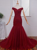 Ruched Mermaid Long Red Formal Evening Gown Off-the-Shoulder Tulle Prom Dresses