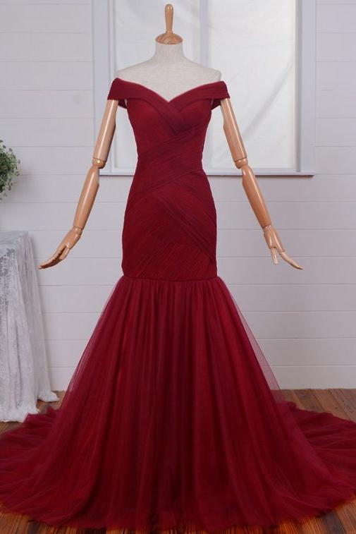 Ruched Mermaid Long Red Formal Evening Gown Off-the-Shoulder Tulle Prom Dresses