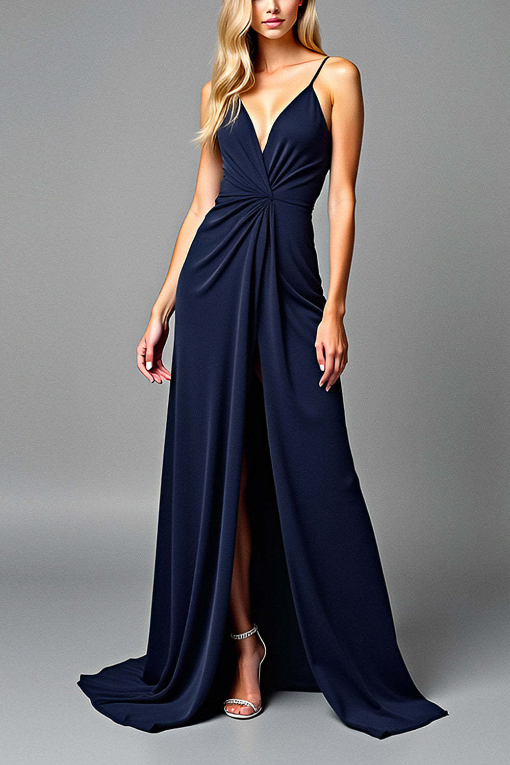 Ruched Navy Wedding Guest Dress V-Neck Long Formal Dress With Slit
