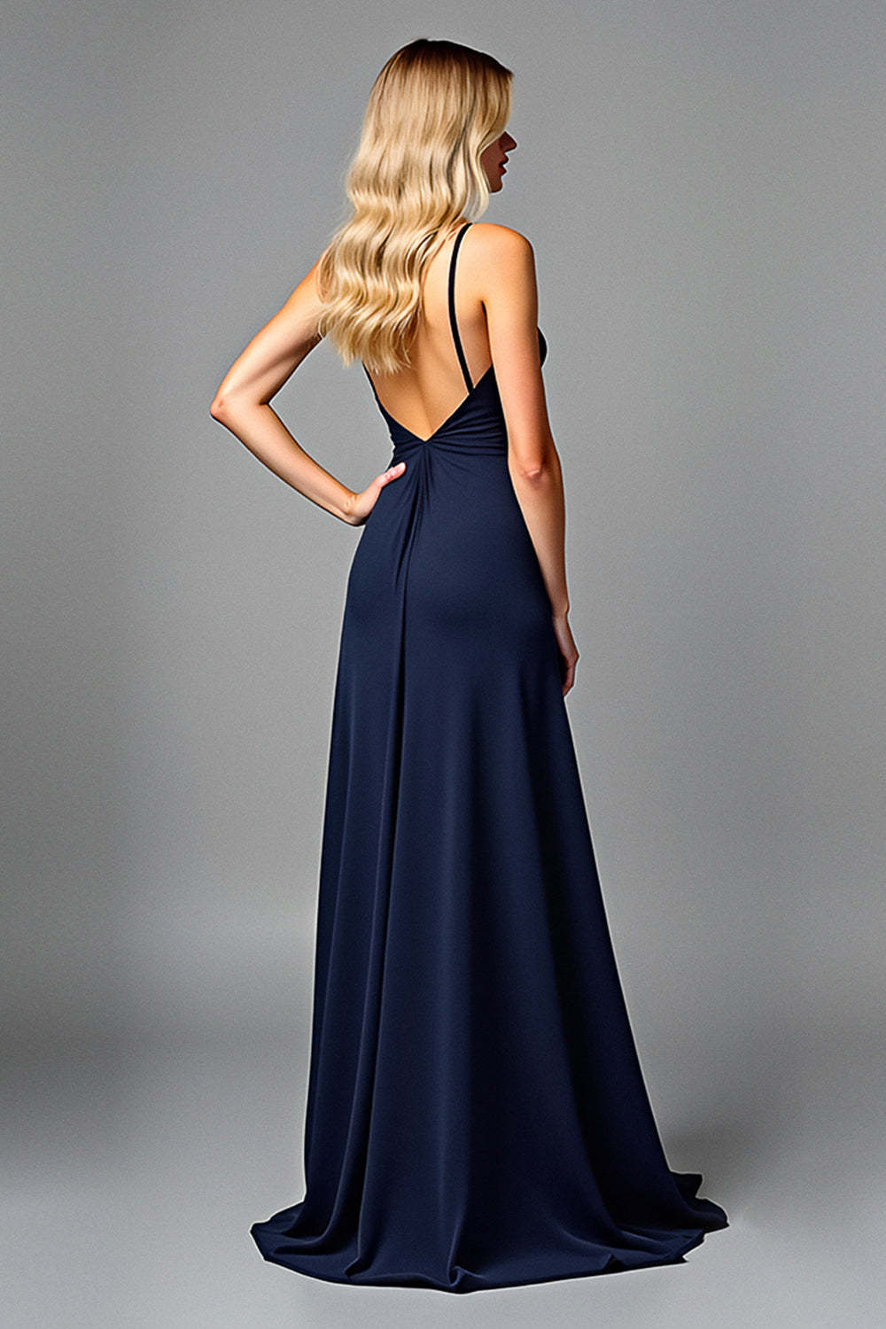 Ruched Navy Wedding Guest Dress V-Neck Long Formal Dress With Slit