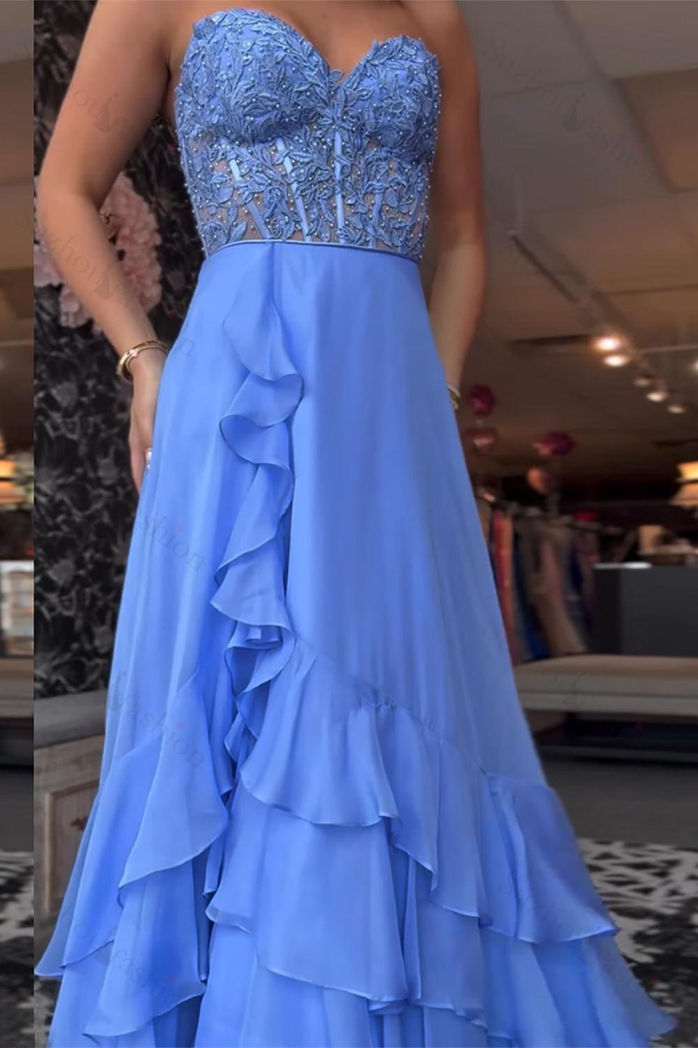 Ruffled Chiffon Blue Prom Dress Corset Long Formal Dress With Slit
