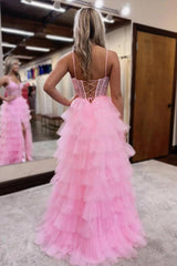 Ruffled Pink Prom Dress Corset Formal Dress With Slit