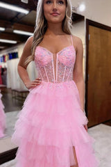 Ruffled Pink Prom Dress Corset Formal Dress With Slit