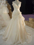 Ruffles Cream Satin Wedding Dress with Beadings Elegant Long Bridal Dress JT067a