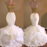 Ruffles Lace Appliques Sleeveless Evening Dress Spaghetti Strap Gold Beading Sexy Mermaid Prom Dress