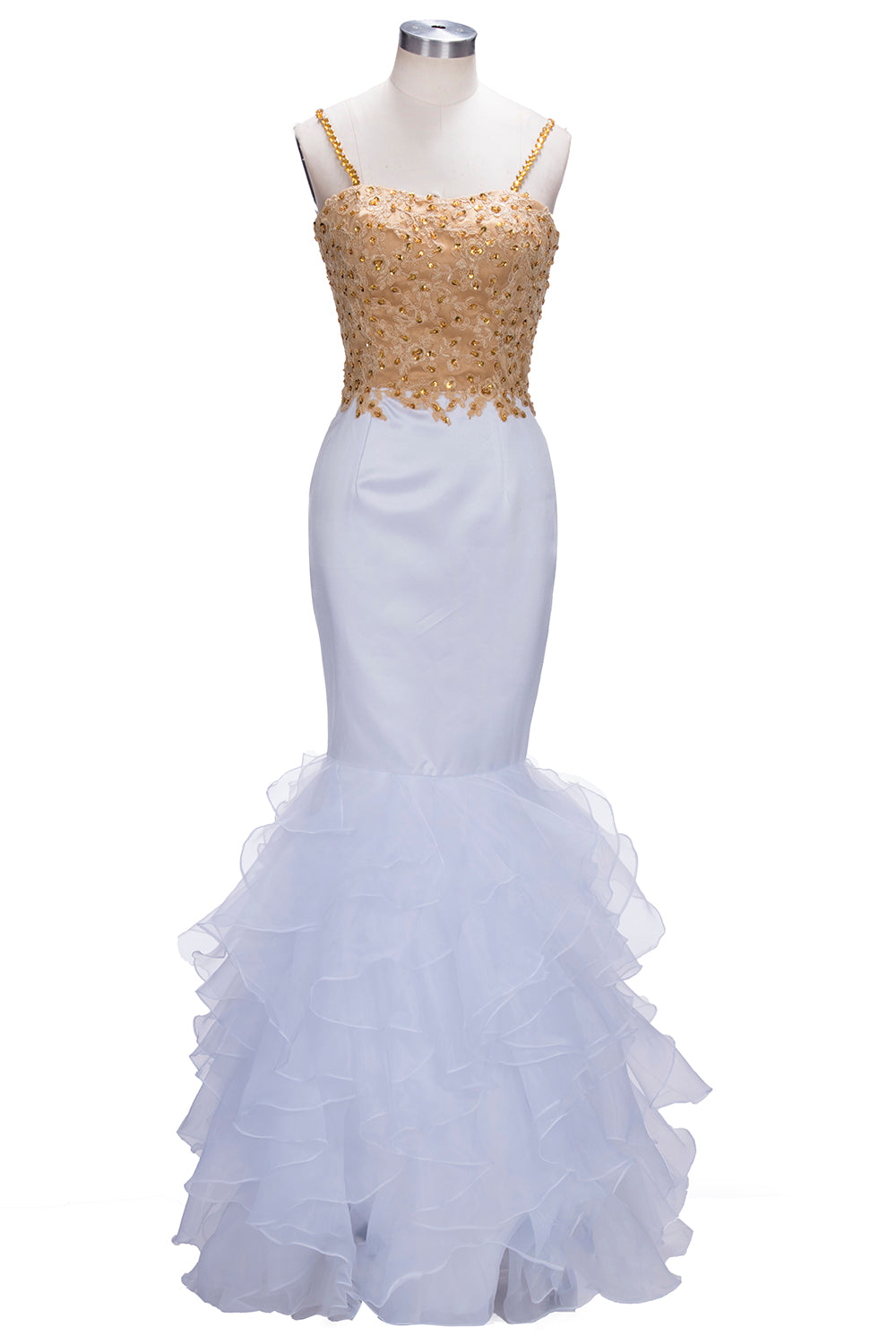 Ruffles Lace Appliques Sleeveless Evening Dress Spaghetti Strap Gold Beading Sexy Mermaid Prom Dress